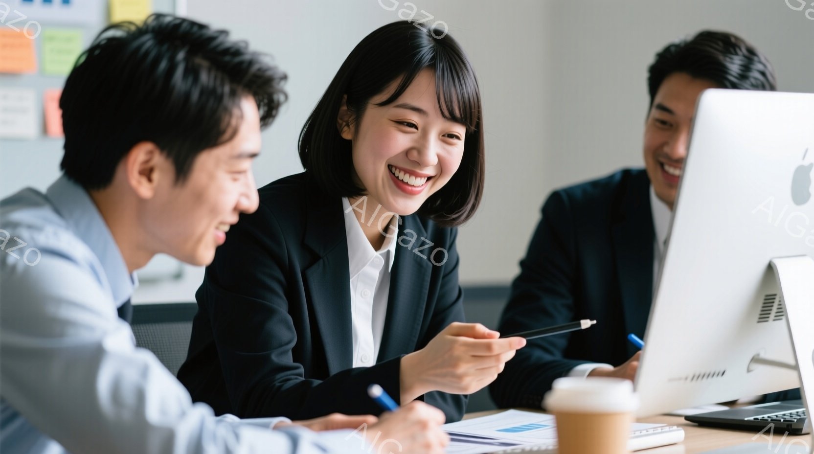 三人のビジネスパーソンがオフィスでパソコンを見ながら協力して仕事をしている様子が写っている。女性は黒いジャケットと白いシャツを着ており、笑顔でペンを手に何かを指し示している。男性たちはカジュアルなシャツを着ており、パソコン画面を見ながら楽しそうに会話をしている。