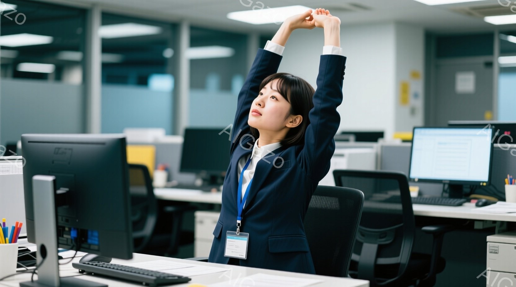 紺色のジャケットと白いシャツを着た女性が、オフィスで片手を上げて伸びをしています。彼女は黒髪で、少し疲れた表情を浮かべており、オフィス内のデスクに置かれたパソコンや文房具が周囲に見えます。オフィスは明るく、清潔感があり、多くのデスクが整然と並んでいます。