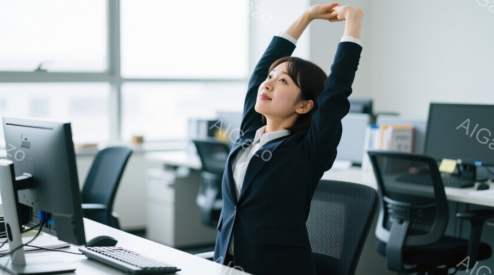 オフィスで女性が椅子に座り、両腕を上げて伸びをしています。彼女は黒いスーツと白いシャツを着ており、髪は後ろで結ばれています。背景には他のオフィスチェアやデスクが見え、明るい光が差し込むオフィス内の様子が伺えます。