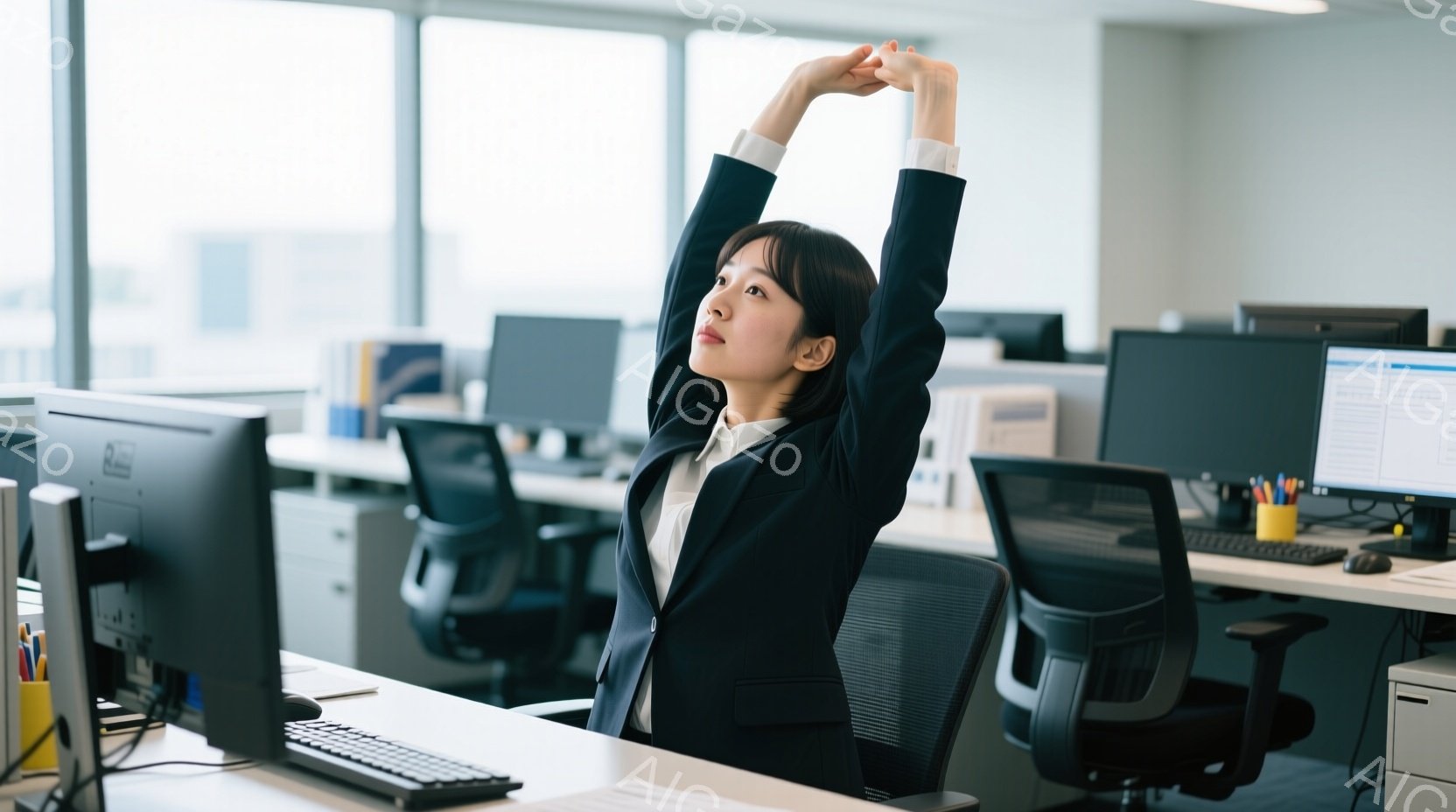 オフィスで働く女性が、椅子に座ったまま両手を上げて伸びをしています。黒いジャケットと白いシャツを着ており、髪は後ろで一つにまとめられています。背景には他のオフィスデスクや窓から見える都市の景色が見え、明るく開放的な雰囲気です。