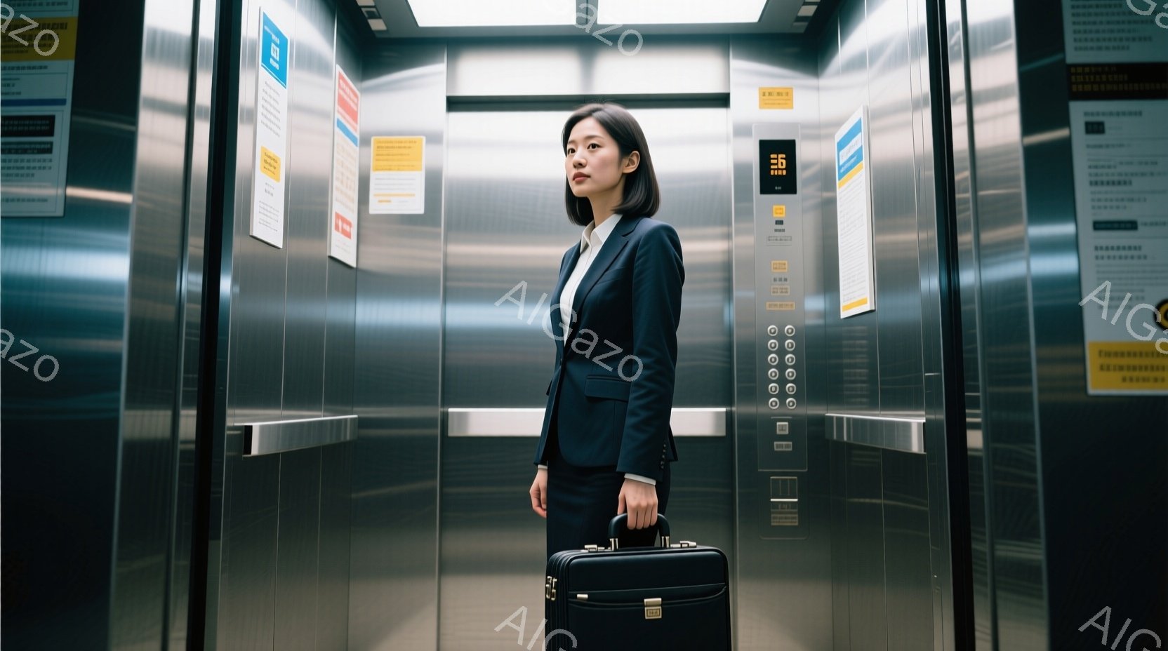 エレベーターの中で黒いスーツを着た女性が立っている様子が写っています。彼女は髪を後ろでまとめ、少し憂いのある表情で前方を向いています。エレベーターの壁は金属製で、ボタンや案内板が並び、彼女は黒いスーツケースを手に持っています。