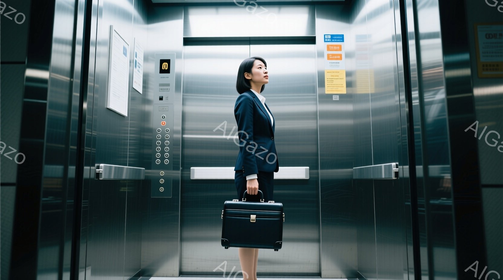エレベーター内に立つ女性は、黒いスーツと膝丈のスカートを着用し、ビジネスライクな装いをしている。彼女は左手に書類ケースを持ち、少し上目線で遠くを見つめている。背景は金属製の壁で、ボタンや案内板が並び、全体的にクールでプロフェッショナルな雰囲気が漂う。