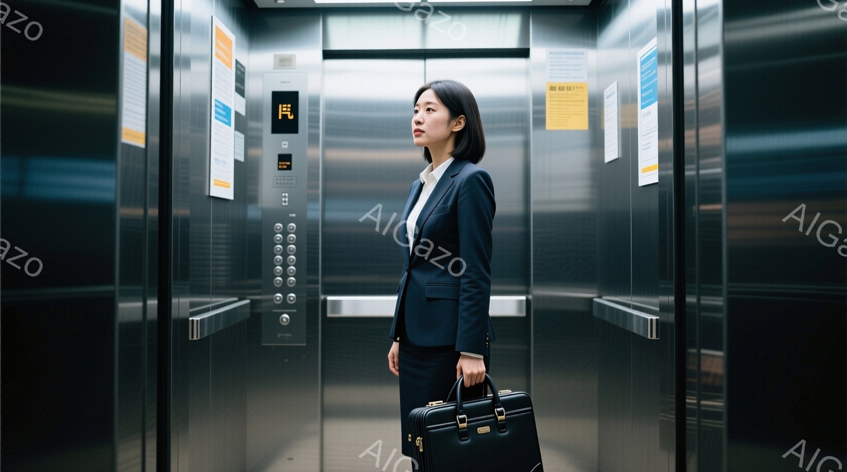 紺色のスーツを着た女性が描かれています。彼女は黒いハンドバッグを持っており、エレベーター内で少し横を向き、どこかを見つめているような表情をしています。背景はステンレス製のエレベーター内部で、様々な階のボタンと案内板が見え、全体的に落ち着いた雰囲気です。