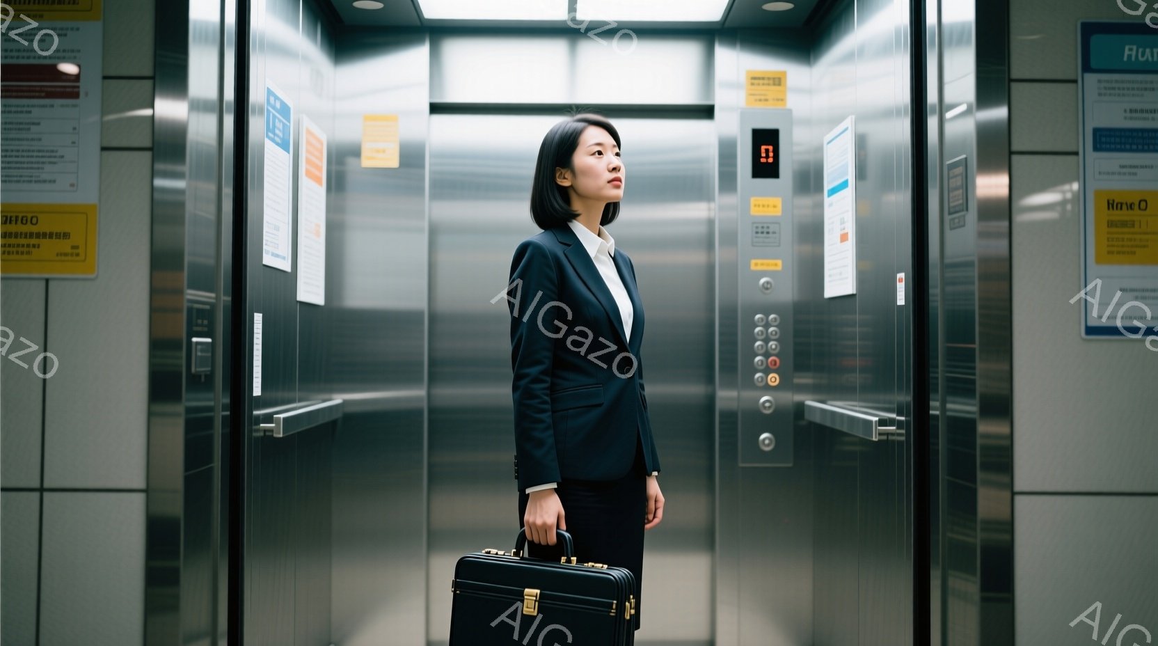 女性は黒いスーツとスカートを着用し、エレベーター内で右を向いています。彼女は黒いブリーフケースを持っており、真剣な表情で何かを考えているようです。エレベーター内部は金属製で、ボタンや表示灯が並び、ビジ - AI生成フリー素材