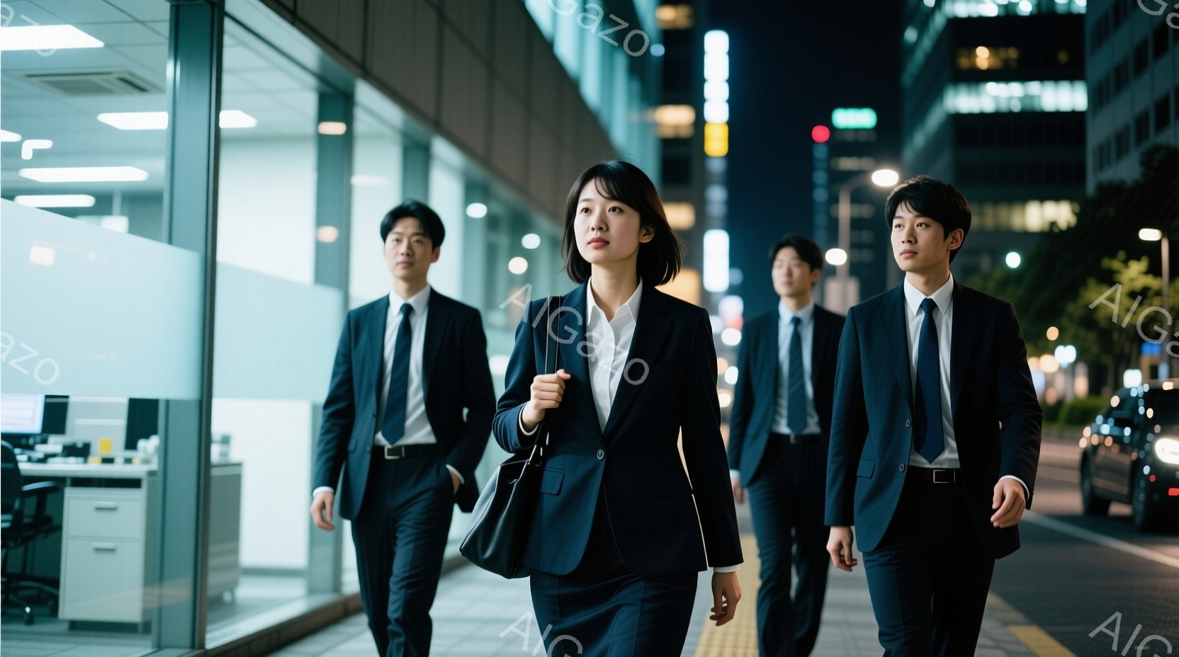 夜の街を歩くビジネスマンとビジネスウーマンが写っている。彼らは皆、黒または濃い青のスーツ、白いシャツ、ネクタイを着用しており、真剣な表情をしている。背景には高層ビル群がぼやけ、街灯が灯っており、全体的に都会的でプロフェッショナルな雰囲気である。
