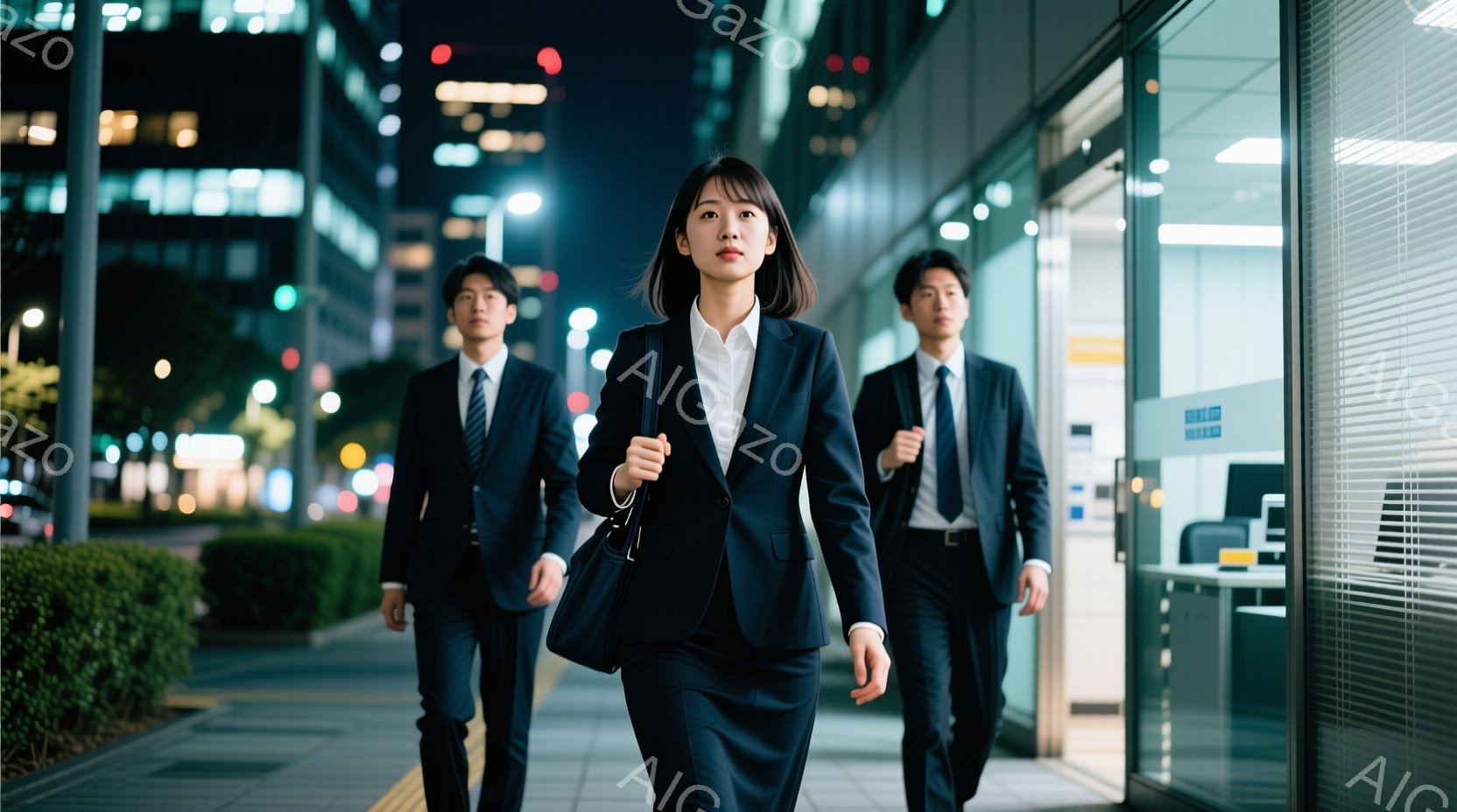夜の街を背景に、スーツ姿の男女が歩いている様子が写っている。女性は黒いスーツにストレートヘアで、真剣な表情でカメラの方を見て歩いている。背景には高層ビルや街灯がぼやけ、ビジネス街の夜の雰囲気が感じられる。