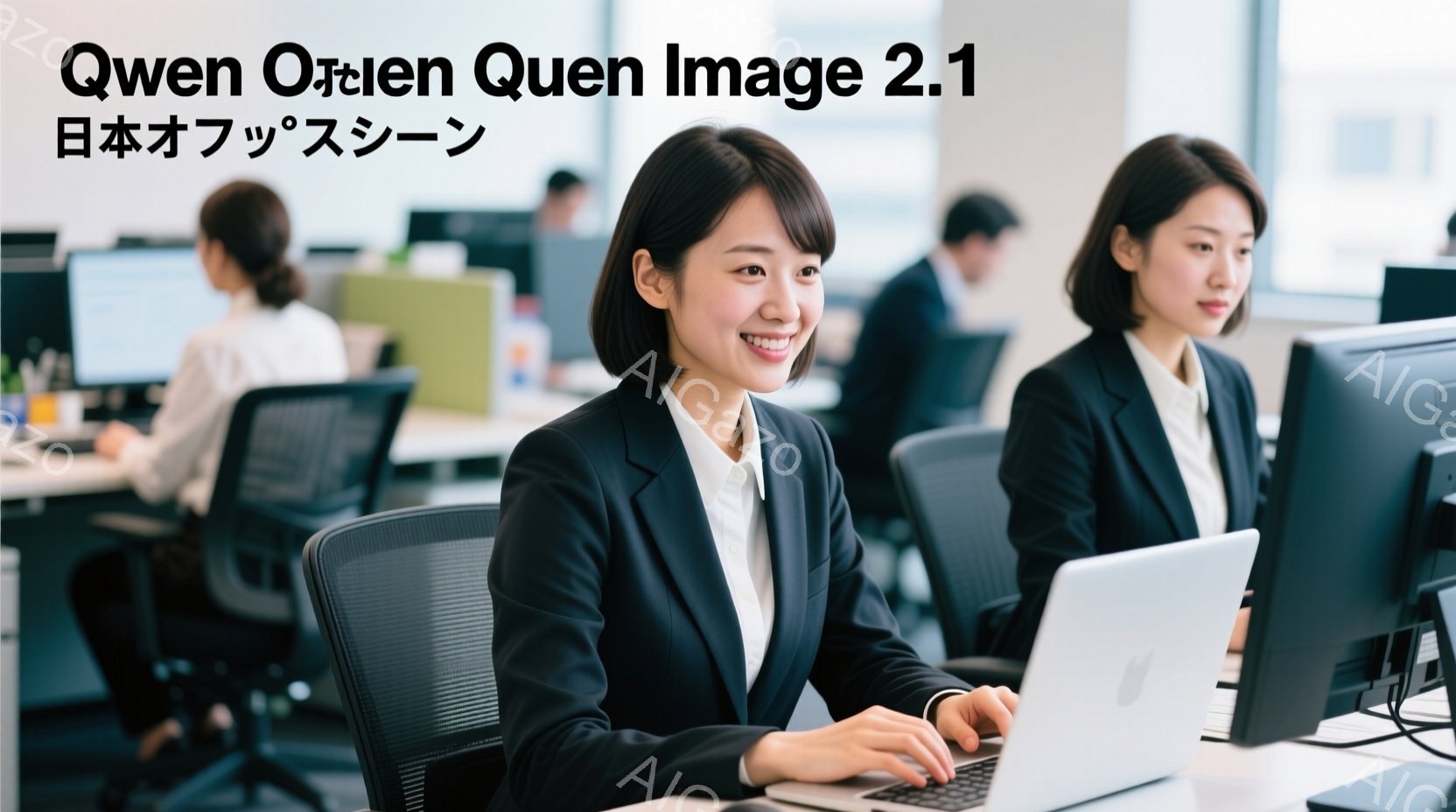 オフィスでノートパソコンに向かって仕事をしている若い女性が写っています。彼女は黒いスーツに白いシャツを着ており、髪は後ろでまとめられています。笑顔でキーボードを操作しており、明るく活気のある雰囲気です - AI生成フリー素材