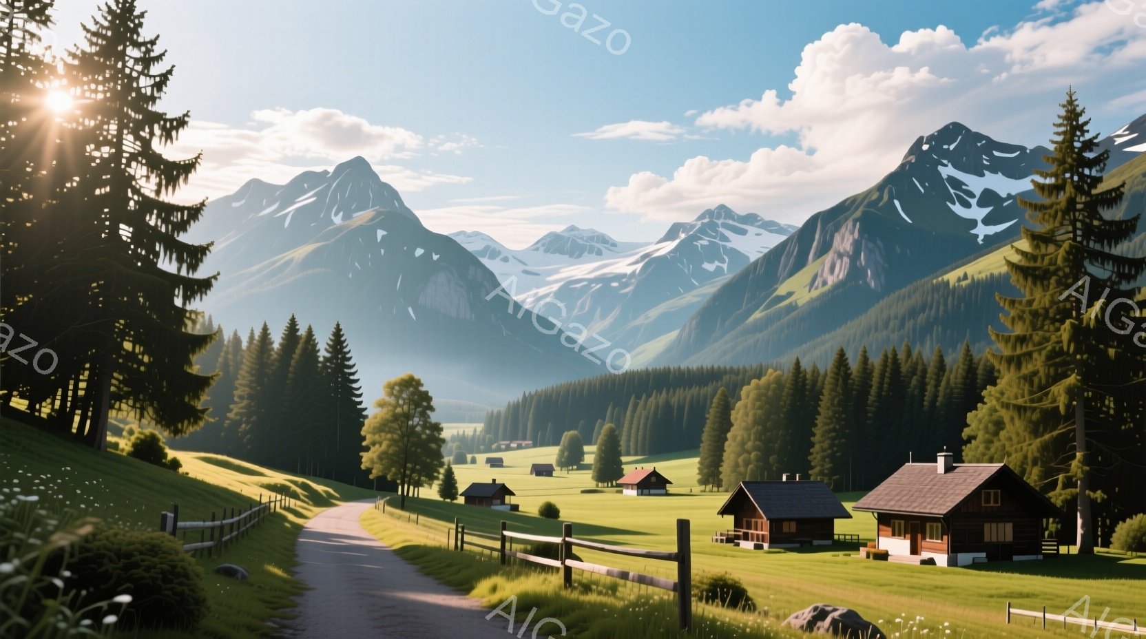 アルプスの山々を背景にした、緑豊かな牧草地と小さな木造家屋が点在する風景です。道は牧草地を縫うように伸びており、遠くの山々と青空が美しいコントラストを生み出しています。全体的に穏やかで平和な雰囲気で、自然の美しさを感じさせる景観です。