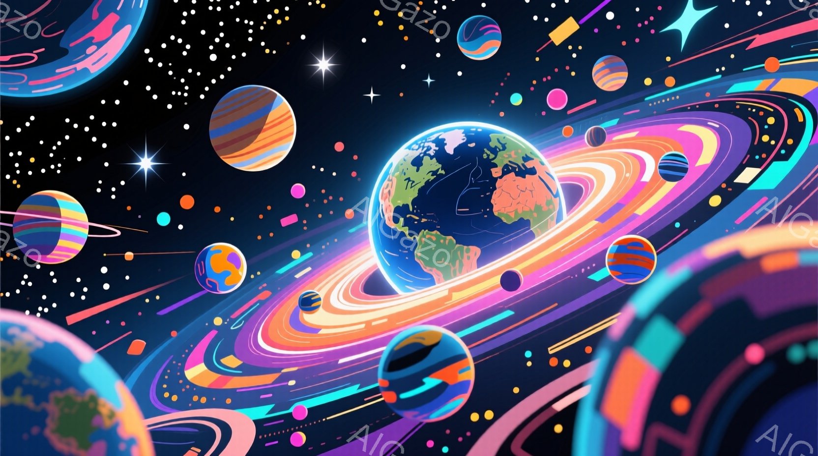カラフルな惑星とリングが宇宙空間に浮かび、鮮やかな色彩が目に飛び込んできます。惑星はそれぞれ異なる色と模様を持ち、まるで万華鏡のような視覚的な楽しさを提供します。背景には無数の星が輝き、幻想的でダイナミックな宇宙の雰囲気を醸し出しています。