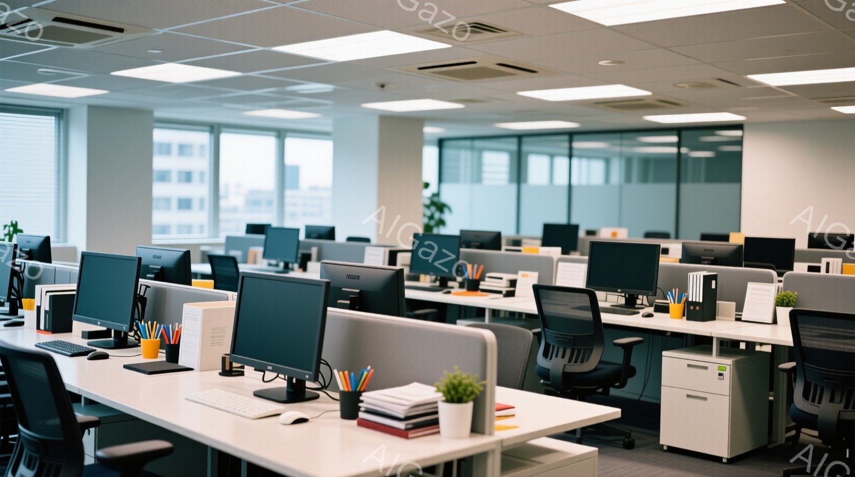 広々としたオフィス空間が写っており、整然と並んだデスクが多数見えます。各デスクにはコンピューター、キーボード、ペン立て、書類などが置かれ、業務に備えている様子が伺えます。窓の外には高層ビルが並び、オフィスは近代的な都市景観の中に位置していることがわかります。