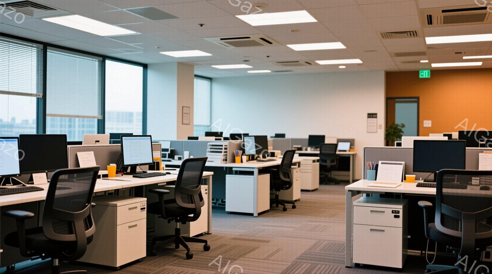 広々としたオフィス空間が広がっており、整然と配置されたデスクと椅子が並んでいる。窓の外には高層ビル群が広がり、曇天の下で近代的な都市景観が広がっている。全体的に落ち着いた雰囲気で、仕事に集中できる静かな環境であることがうかがえる。