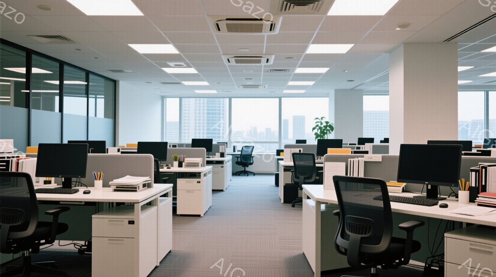 広々としたオフィス空間には、整然と並べられたデスクとオフィスチェアが並んでいる。大きな窓からは高層ビル群が見え、天候は晴天で明るい光が差し込んでいる。全体的に清潔感があり、落ち着いた雰囲気で仕事に集中 - AI生成フリー素材