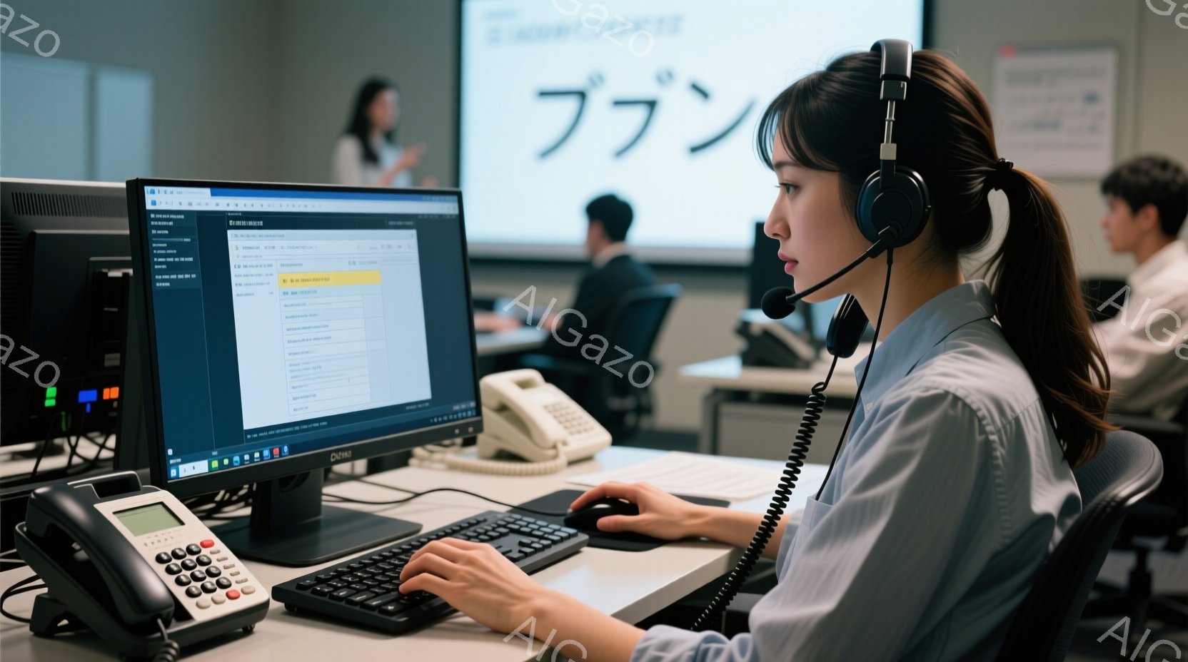 女性はヘッドセットを着用し、パソコンに向かってキーボードを操作している。彼女は白いシャツを着ており、髪は後ろで一つにまとめている。背景には他の社員やモニター、そして日本語の文字が映っており、オフィスの一室の様子が窺える。