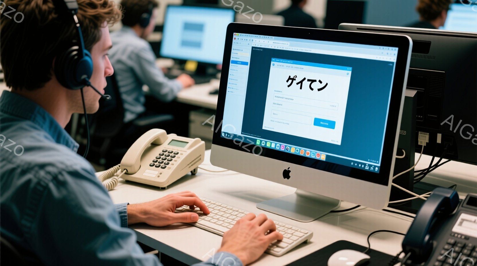 紺色のシャツを着た男性が、ヘッドセットを装着し、AppleのiMacの前に座ってキーボードを操作しています。彼は集中した表情で画面を見つめており、目の前には電話機が置かれています。背景には他のコンピューターと人々が見え、オフィス環境であることがわかります。