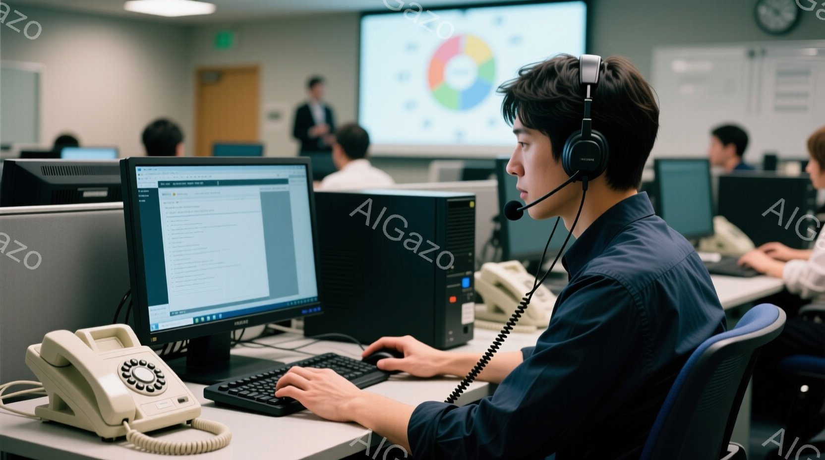 一人の男性が、ヘッドセットを装着し、コンピューターに向かってキーボードを操作している。彼は濃い青色のシャツを着ており、短髪で真剣な表情をしている。背景には他の人々が座っており、コンピューター画面にはテ - AI生成フリー素材