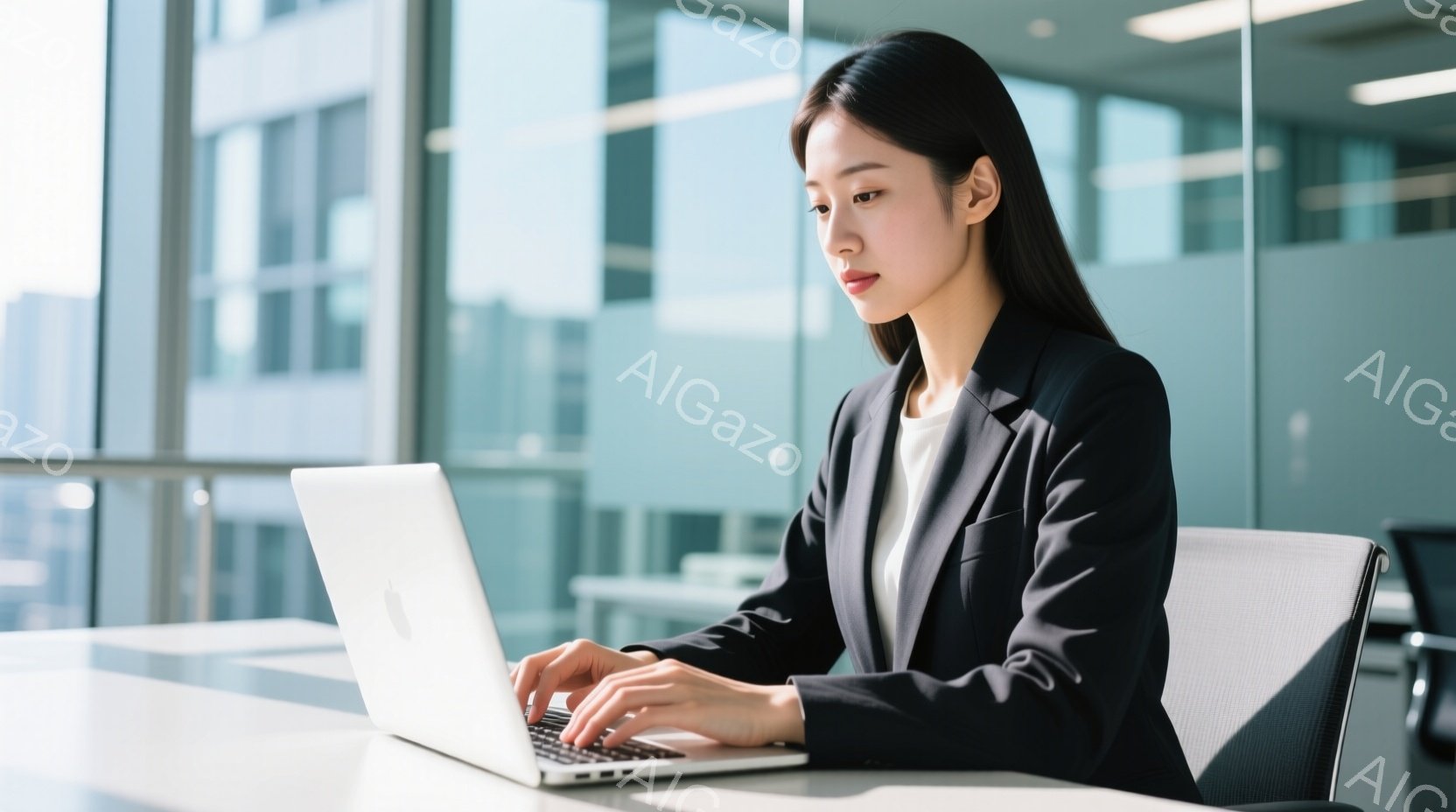 彼女は白いブラウスに黒いジャケットを着て、真剣な表情でノートパソコンのキーボードを操作している。姿勢はまっすぐで、集中している様子が伝わる。背景にはオフィスらしき空間が広がり、大きな窓からは明るい光が - AI生成フリー素材