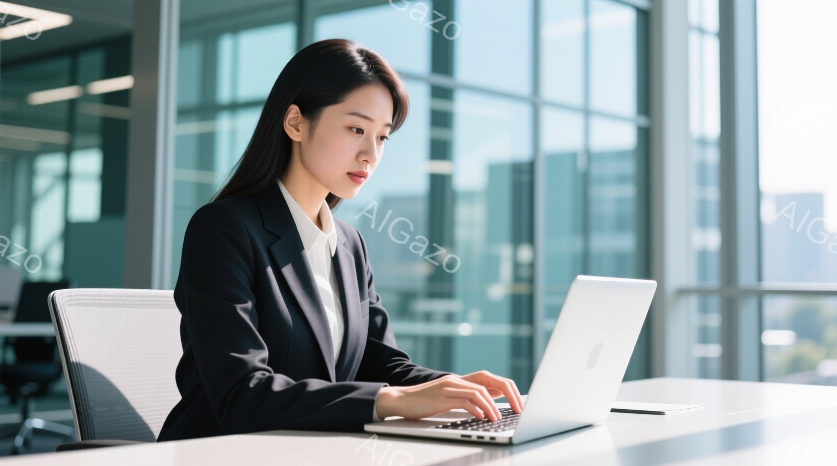 黒いスーツに白いシャツを着た女性が、明るいオフィスでノートパソコンに向かってタイピングしている。彼女は真剣な表情で、姿勢はまっすぐで集中している様子がうかがえる。背景には高層ビルが見え、晴れた日のオフィスからの眺めが印象的で、落ち着いた雰囲気である。