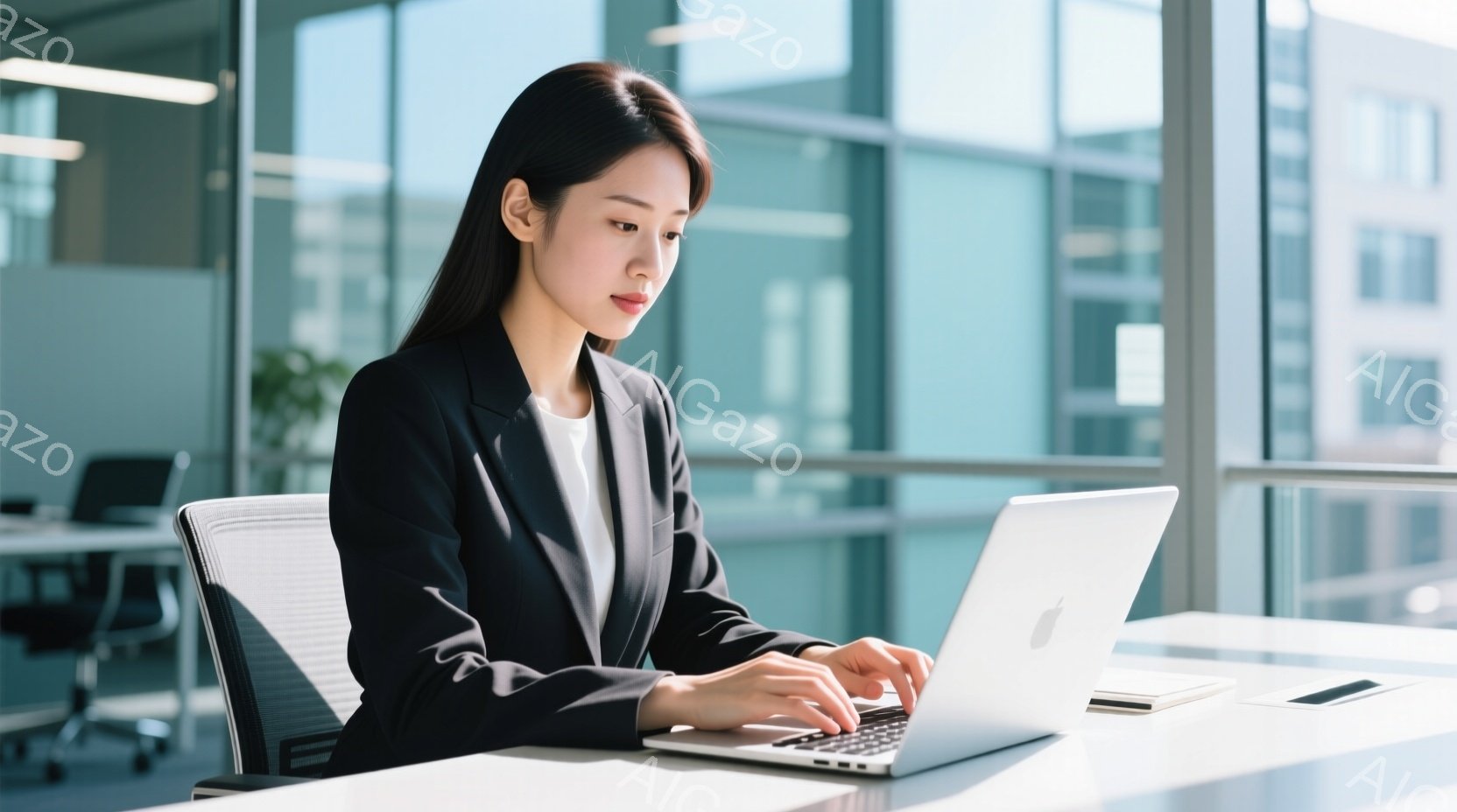 黒いスーツを着た女性が、明るいオフィスでノートパソコンを操作している。彼女はストレートの黒髪で、真剣な表情でキーボードを見つめている。背景にはモダンなオフィス家具と、ぼやけた高層ビルが見え、全体的に洗 - AI生成フリー素材