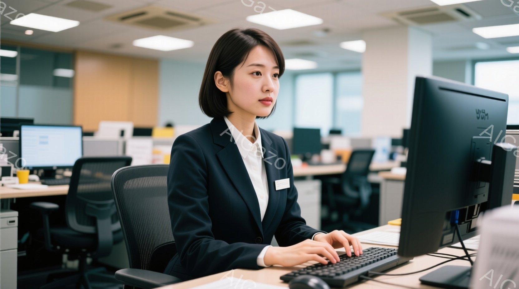 女性は黒いジャケットと白いブラウスを着ており、オフィスでパソコンに向かっています。彼女は真剣な表情でキーボードを叩いており、姿勢はきちんとしています。背景には他のオフィスワーカーやデスクが並び、明るく - AI生成フリー素材