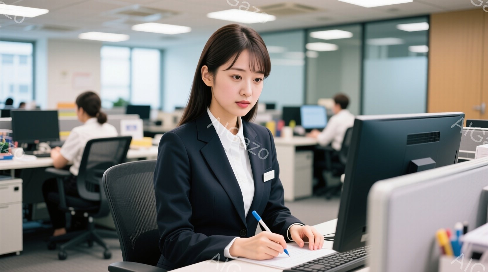 スーツを着た若い女性がオフィスで書類に記入している様子が写っている。彼女は黒いジャケットと白いシャツを着ており、髪は肩にかかる長さで前髪がある。オフィスは明るく、他の従業員も仕事をしているのが見えるため、活気のある雰囲気である。
