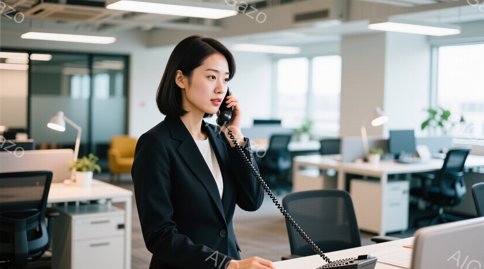黒いジャケットと白いシャツを着た女性が電話をしている。彼女はオフィスで立っており、少し前かがみの姿勢で、真剣な表情をしている。背景には他のオフィス席と植物が見え、全体的に清潔でモダンな雰囲気である。 - AI生成フリー素材