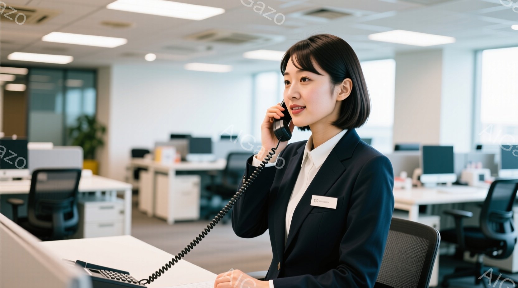 女性は黒いジャケットと白いブラウスを着ており、肩までの長さの黒髪で、前髪は少し分けてあります。彼女は電話をしており、顔は明るく、プロフェッショナルな印象を与えています。背景にはオフィスがあり、たくさん - AI生成フリー素材