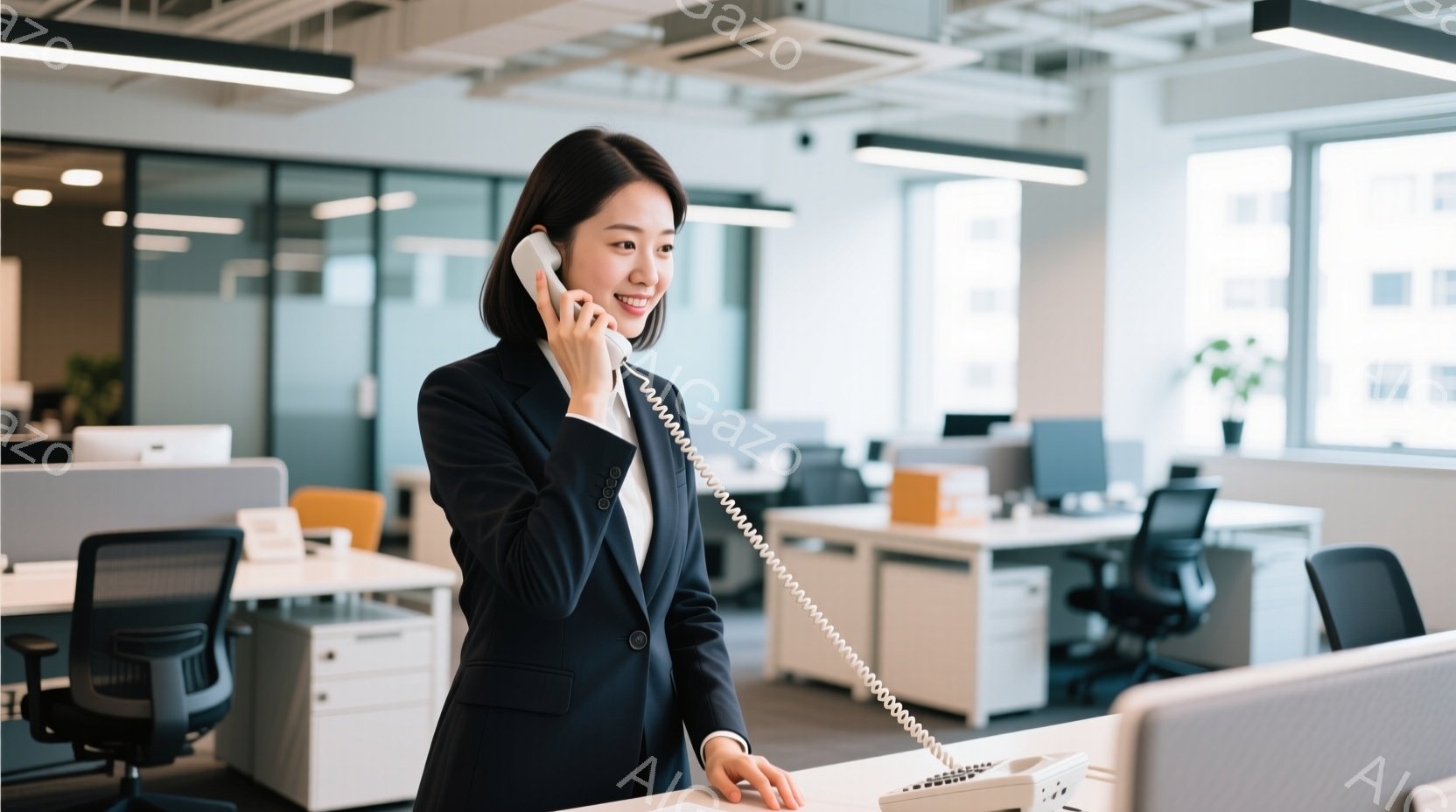 黒いスーツに身を包んだ女性が電話を受けている。彼女は微笑んでおり、姿勢も良く、プロフェッショナルな印象を与える。背景はオフィスで、白を基調とした清潔感のある空間が広がっている。