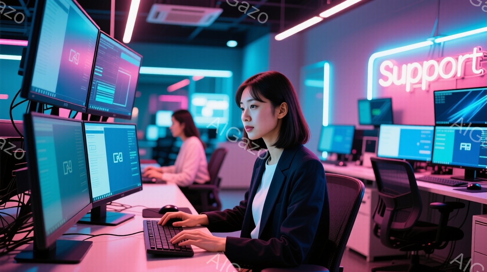 複数のモニターを前にしてキーボードを操作する若い女性が写っています。彼女は黒いジャケットを着ており、髪は後ろで結ばれています。背景には、他の作業員と、ネオンライトで照らされたオフィス空間が広がっており - AI生成フリー素材