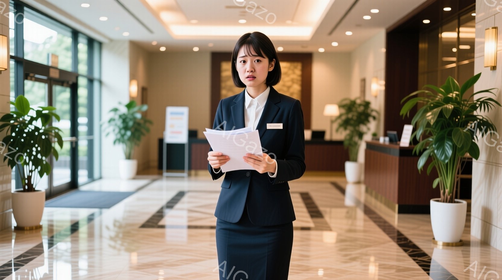 黒いスーツに白いブラウスを着た若い女性が、書類を手に立っている。彼女は前髪を下ろしたショートヘアで、少し緊張した表情をしている。背景には、磨かれた大理石の床と植物、そして受付カウンターが見え、高級ホテ - AI生成フリー素材