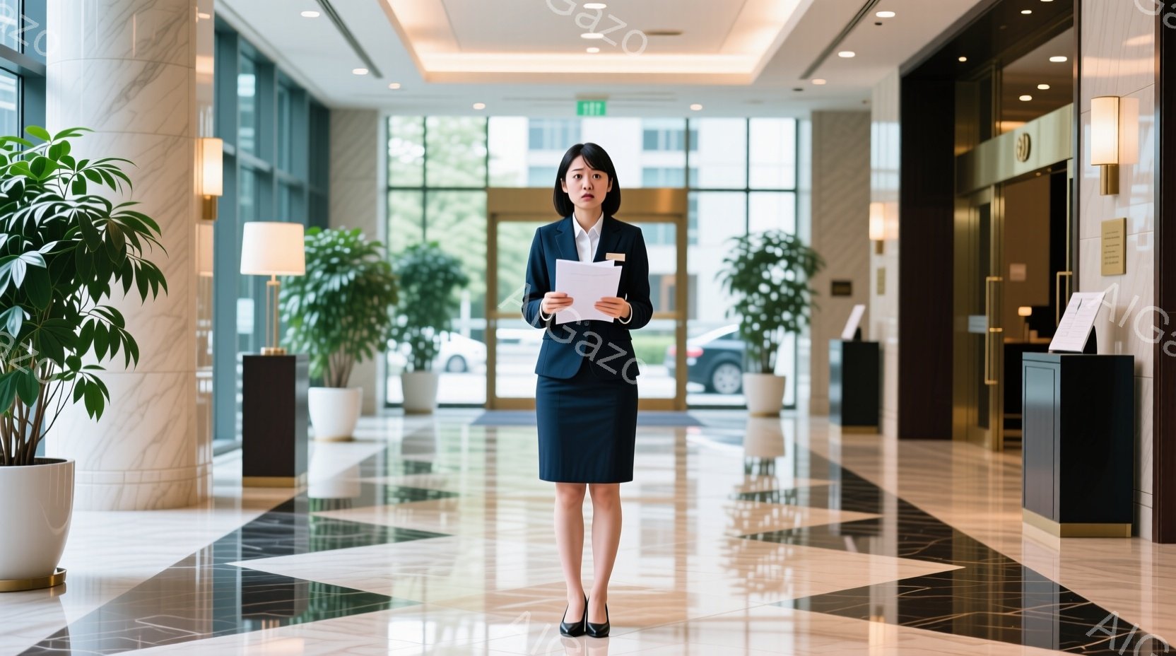 紺色のスーツに身を包んだ女性が、書類を手にホテルのロビーで立っている。彼女はストレートヘアで、やや緊張した表情をしている。背景には、大理石の床、観葉植物、そしてホテルの入り口が見え、全体的に洗練された雰囲気である。