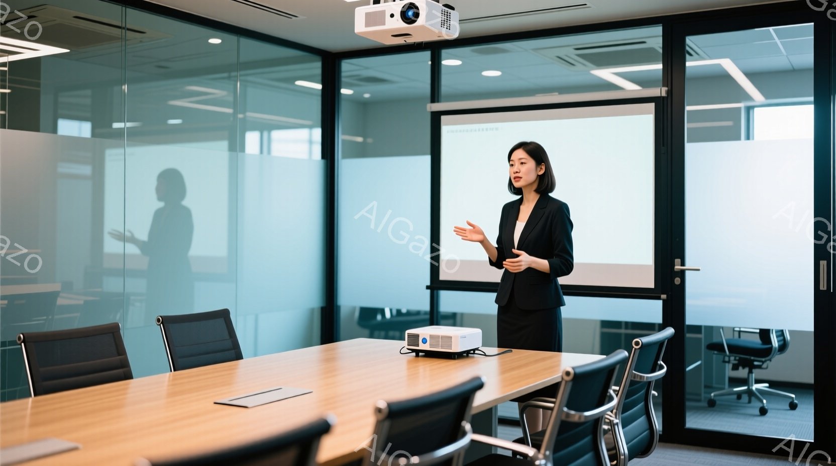一人の女性が会議室でプレゼンテーションを行っています。彼女は黒いジャケットとスカートを身につけ、髪を後ろにまとめた清潔感のある印象です。明るい会議室には大きなテーブルと椅子が並び、壁にはガラス張りの仕 - AI生成フリー素材