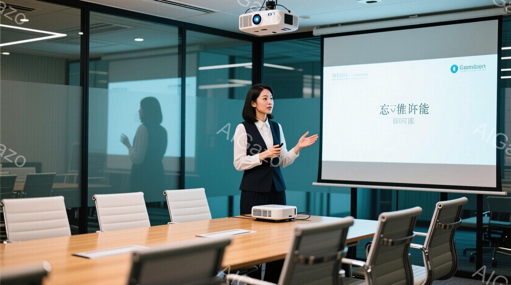 会議室で女性がプレゼンテーションをしている様子が写っています。彼女は紺色のジャケットと白いシャツを着ており、髪は後ろでまとめている。彼女は自信に満ちた表情で、プレゼンテーション資料を指しながら話している。