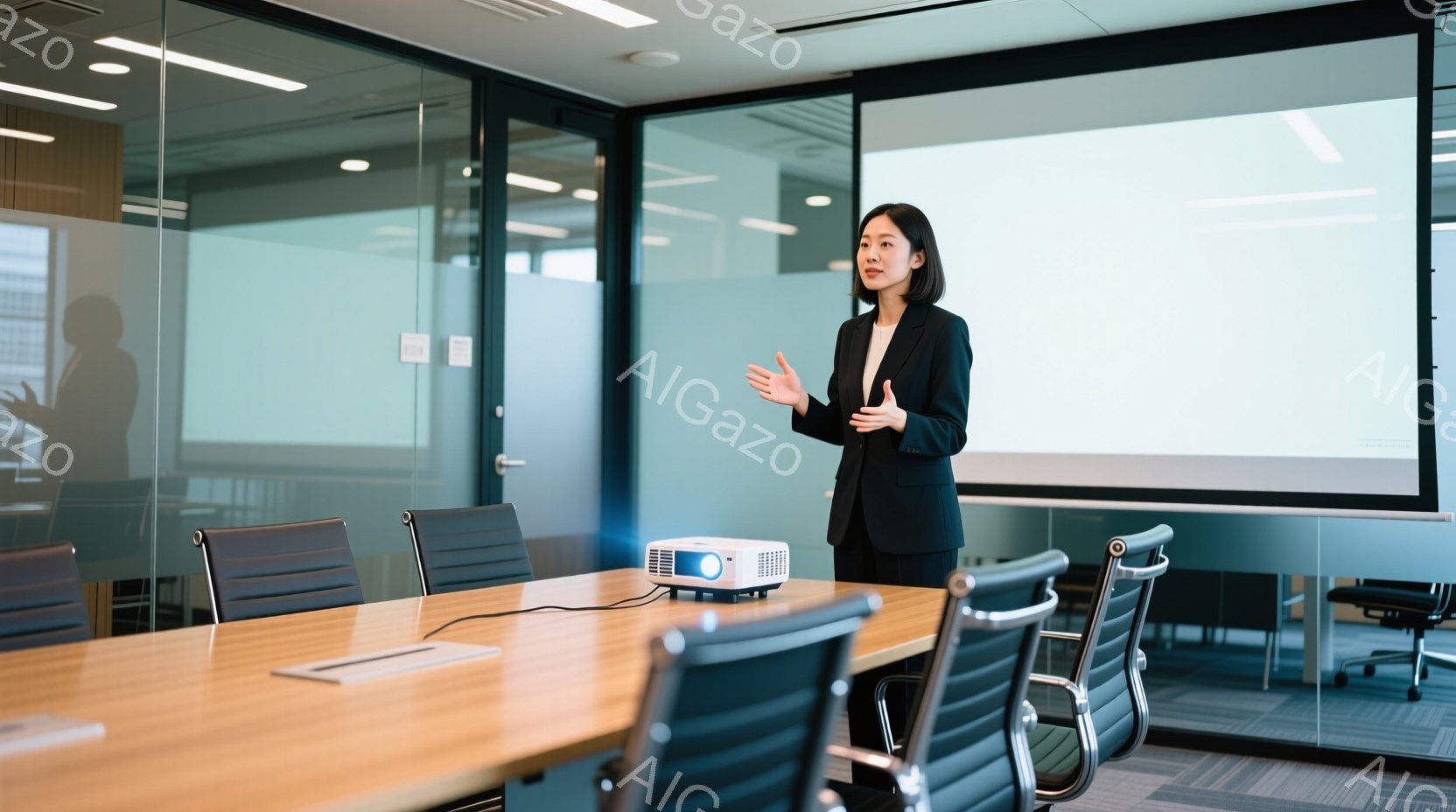黒いジャケットを着た女性が会議室でプレゼンテーションをしている。彼女は手を広げ、何かを説明しているようなポーズで、表情は真剣で自信に満ちている。背景にはガラス張りの壁があり、わずかに建物が映り込み、室内は明るく清潔で、現代的なビジネスシーンを彷彿とさせる。