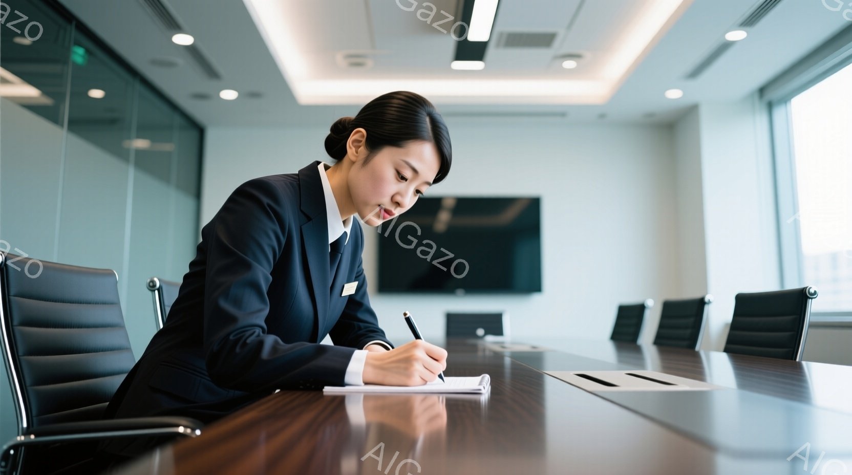 紺色のスーツを着た女性が、木の質感が美しい会議テーブルでペンを手に何かを書き込んでいます。彼女は黒髪を後ろにまとめ、集中した表情で筆記しており、プロフェッショナルな印象を与えます。背景には大きな窓があ - AI生成フリー素材