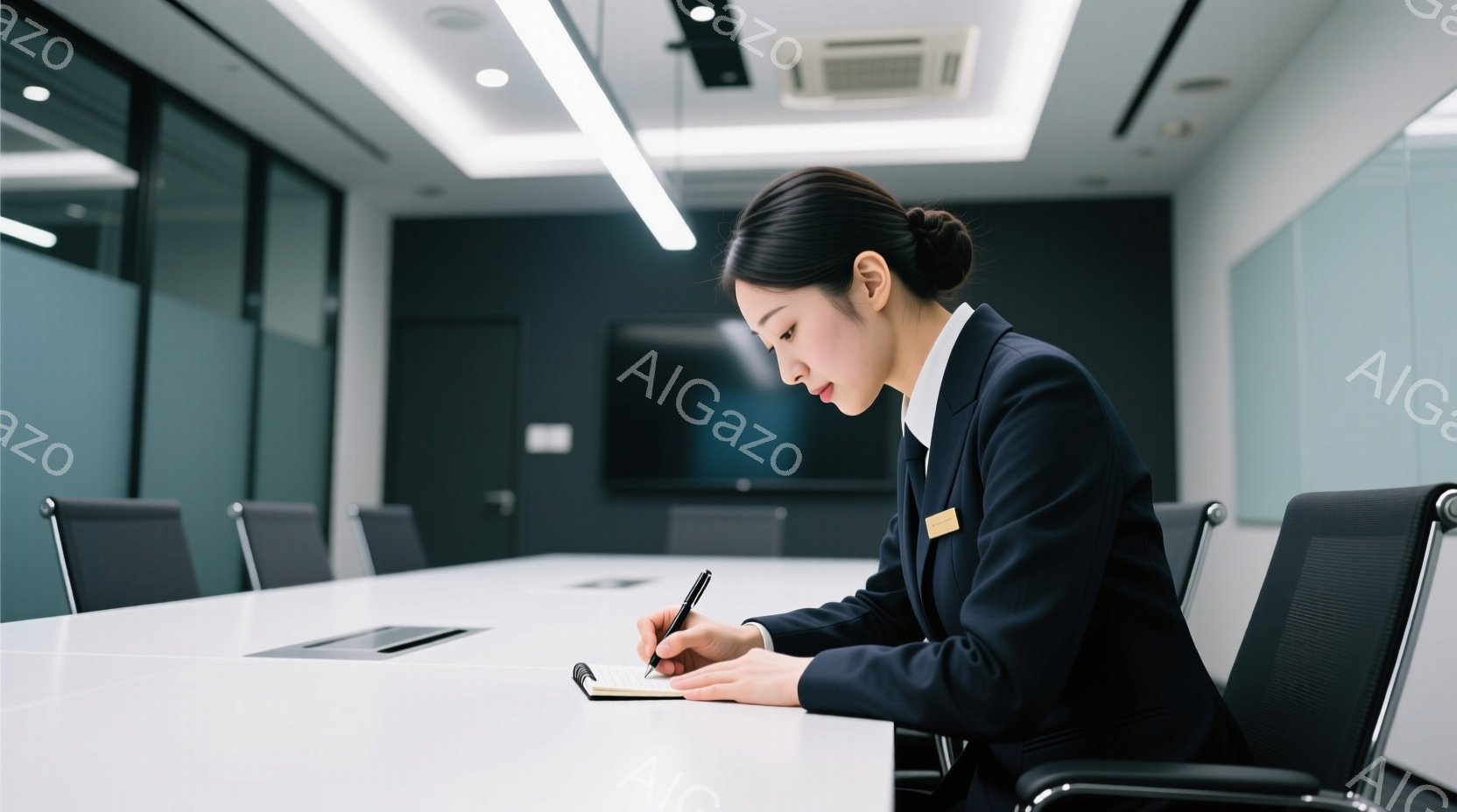 黒いスーツを着た若い女性が、会議室のテーブルでノートに何かを書き込んでいる。彼女は髪を後ろでまとめ、真剣な表情でペンを握っている。背景はモダンな会議室で、白い壁とテーブル、そして黒い椅子が並んでいる。 - AI生成フリー素材
