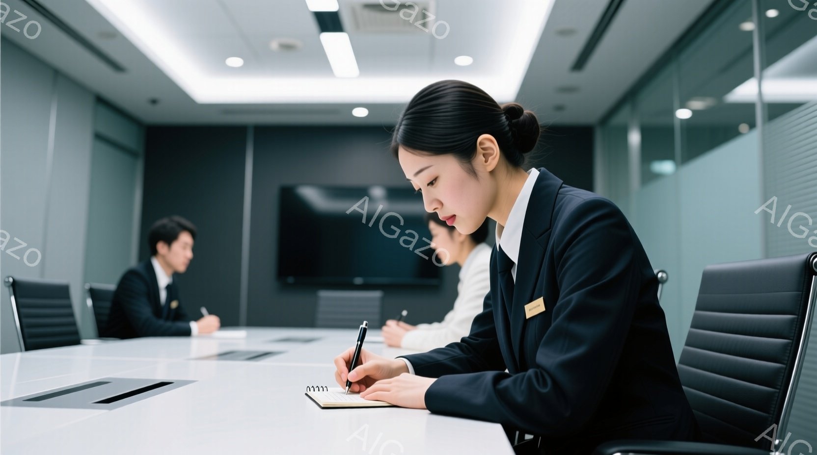 ビジネスシーンを連想させる会議室が写っている。一人の女性がテーブルに座り、ノートに何かを書き込んでいる。彼女は黒いジャケットを着ており、髪は後ろでまとめており、集中した表情をしている。