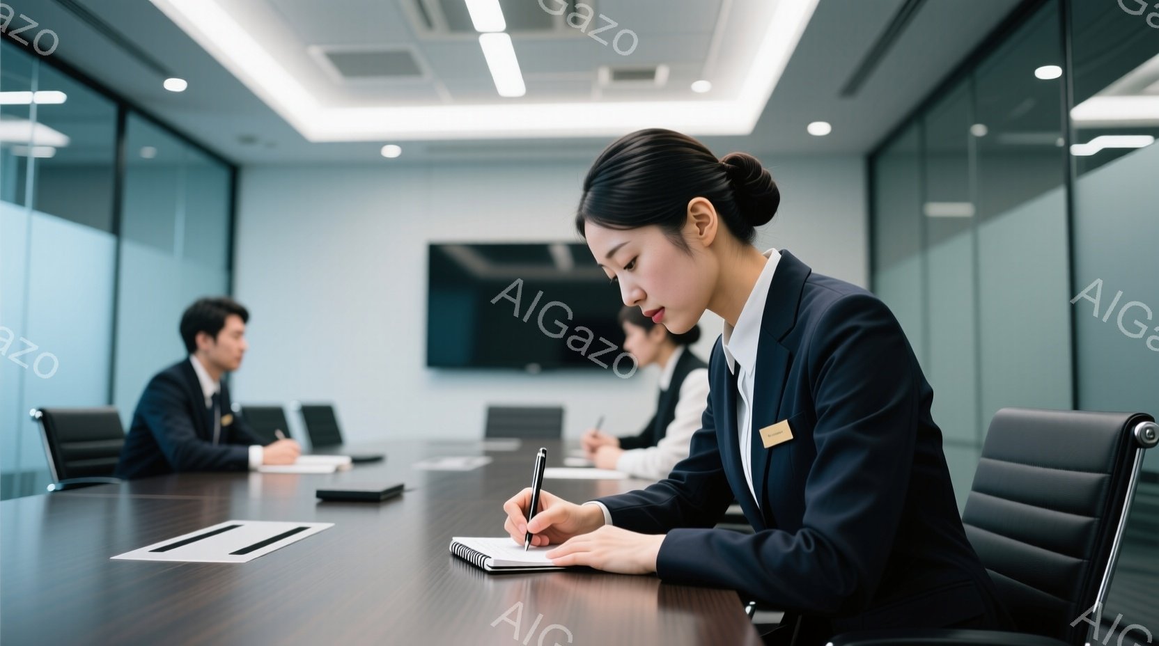 紺色のスーツに白いシャツを着た女性が、木のテーブルに座ってノートにペンで書き込んでいる。彼女は髪を後ろにまとめ、真剣な表情で前を見据えている。背景には、他のビジネスパーソンが座り、モダンな会議室の落ち着いた雰囲気が漂っている。