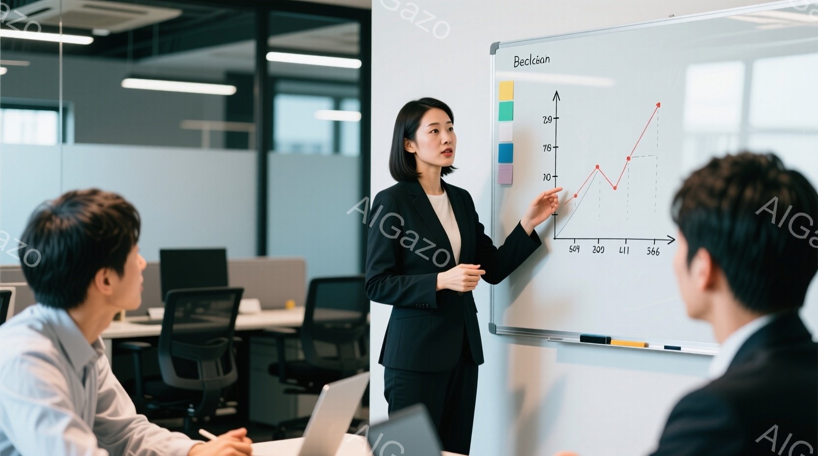 一人の女性がホワイトボードの前でプレゼンテーションを行っています。彼女は黒いジャケットと白いシャツを着ており、髪は後ろでまとめています。会議室には数人の男性がラップトップを開いて座っており、彼女の話に - AI生成フリー素材