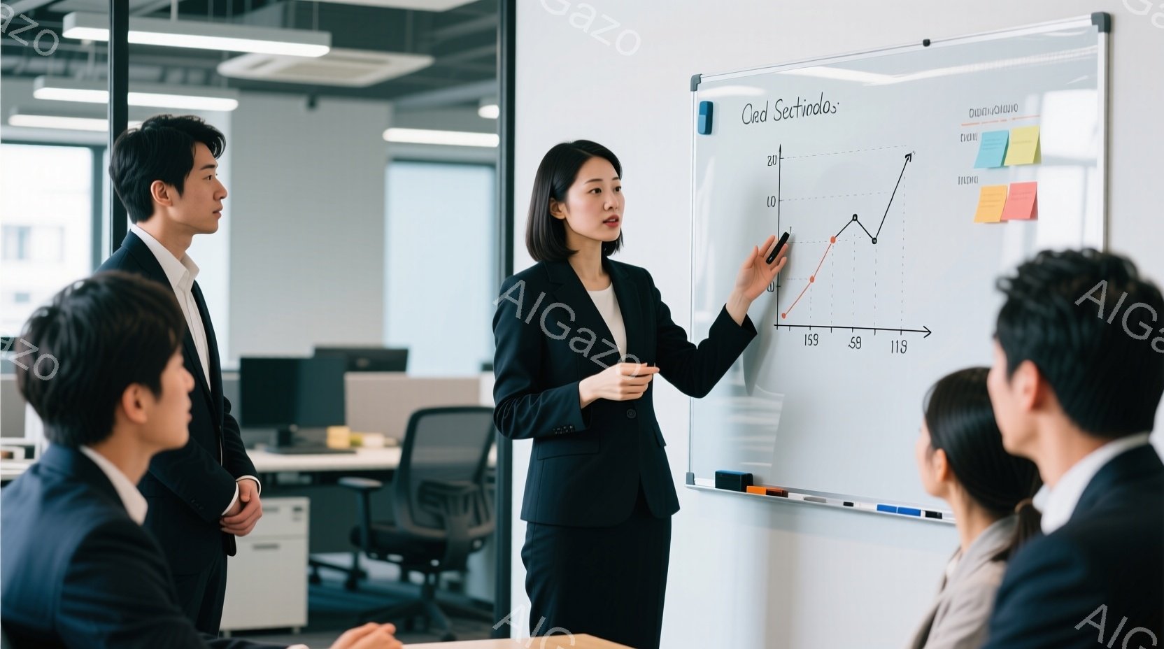 ビジネスシーンの会議室でプレゼンテーションを行う女性が写っています。彼女は黒いスーツを着ており、髪は後ろにまとめています。真剣な表情でホワイトボードを指し示し、周囲にはスーツを着た男性たちが座って彼女 - AI生成フリー素材