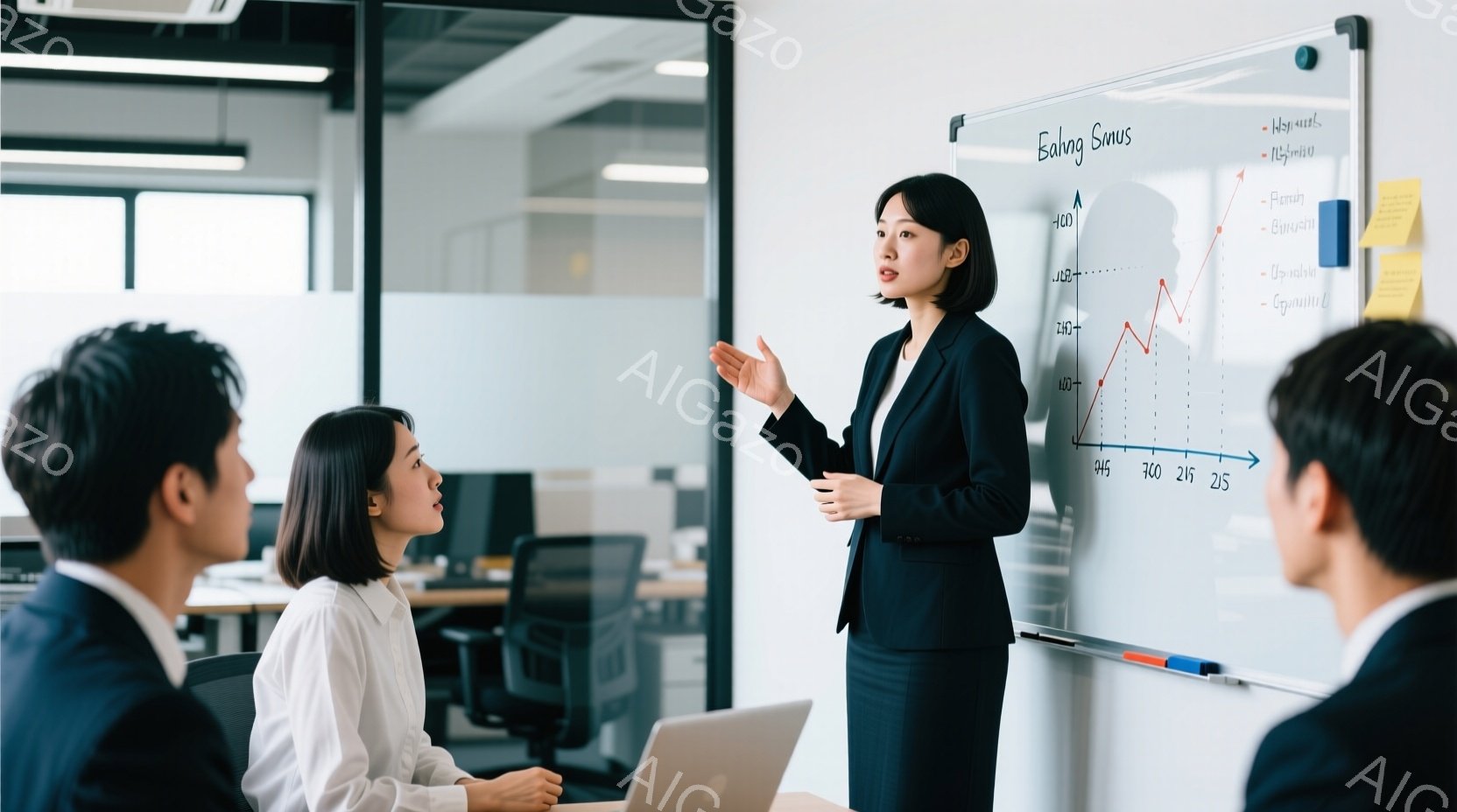 女性が白い壁の前でプレゼンテーションを行っています。彼女は黒いスーツに身を包み、髪は肩まで伸ばしたストレートヘアです。聴衆は男性二人で、一人はパソコンを開いており、全員が真剣な表情で彼女の話に耳を傾けています。