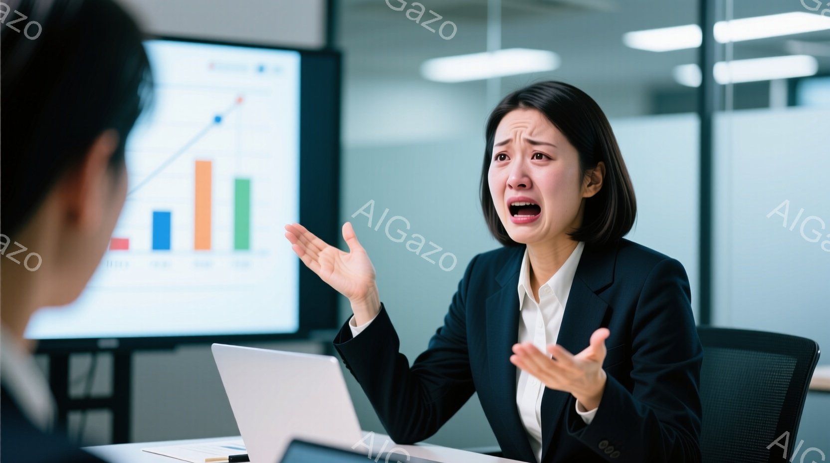 黒いジャケットと白いシャツを着た女性が、困惑した表情で両手を広げています。彼女の髪は後ろにまとめられ、強いストレスを感じている様子がうかがえます。背景にはグラフが表示されたスクリーンと会議室の様子が見 - AI生成フリー素材