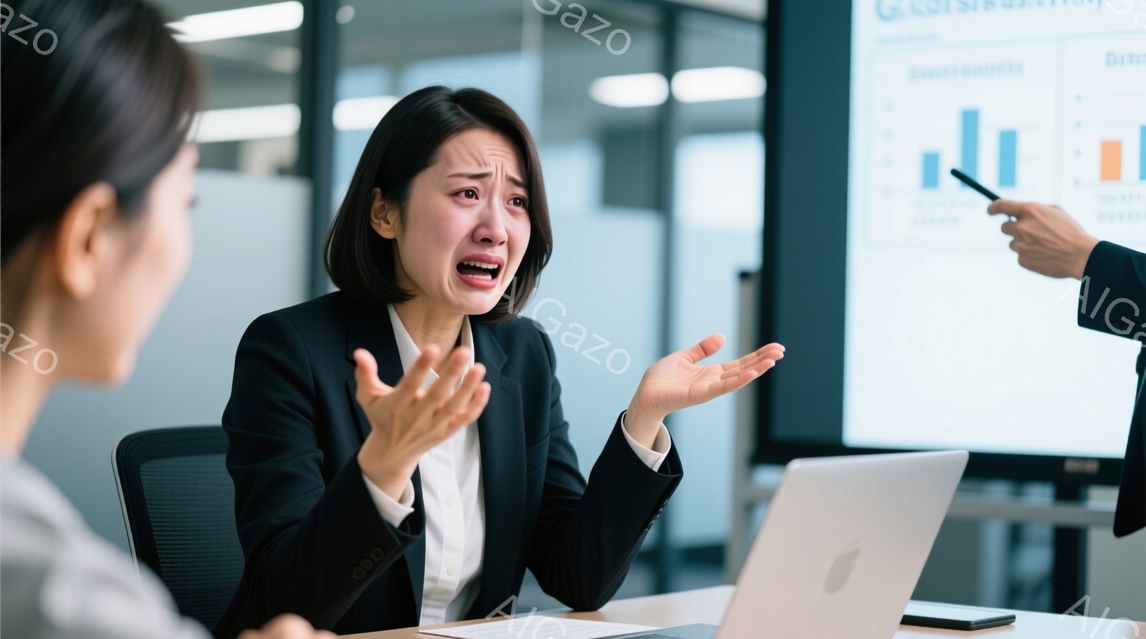 一人の女性が困惑した表情で両手を広げています。彼女は黒いジャケットと白いシャツを着ており、髪は後ろにまとめられています。背景には、プレゼンテーションのスライドが表示されたモニターと、指でモニターを指し - AI生成フリー素材