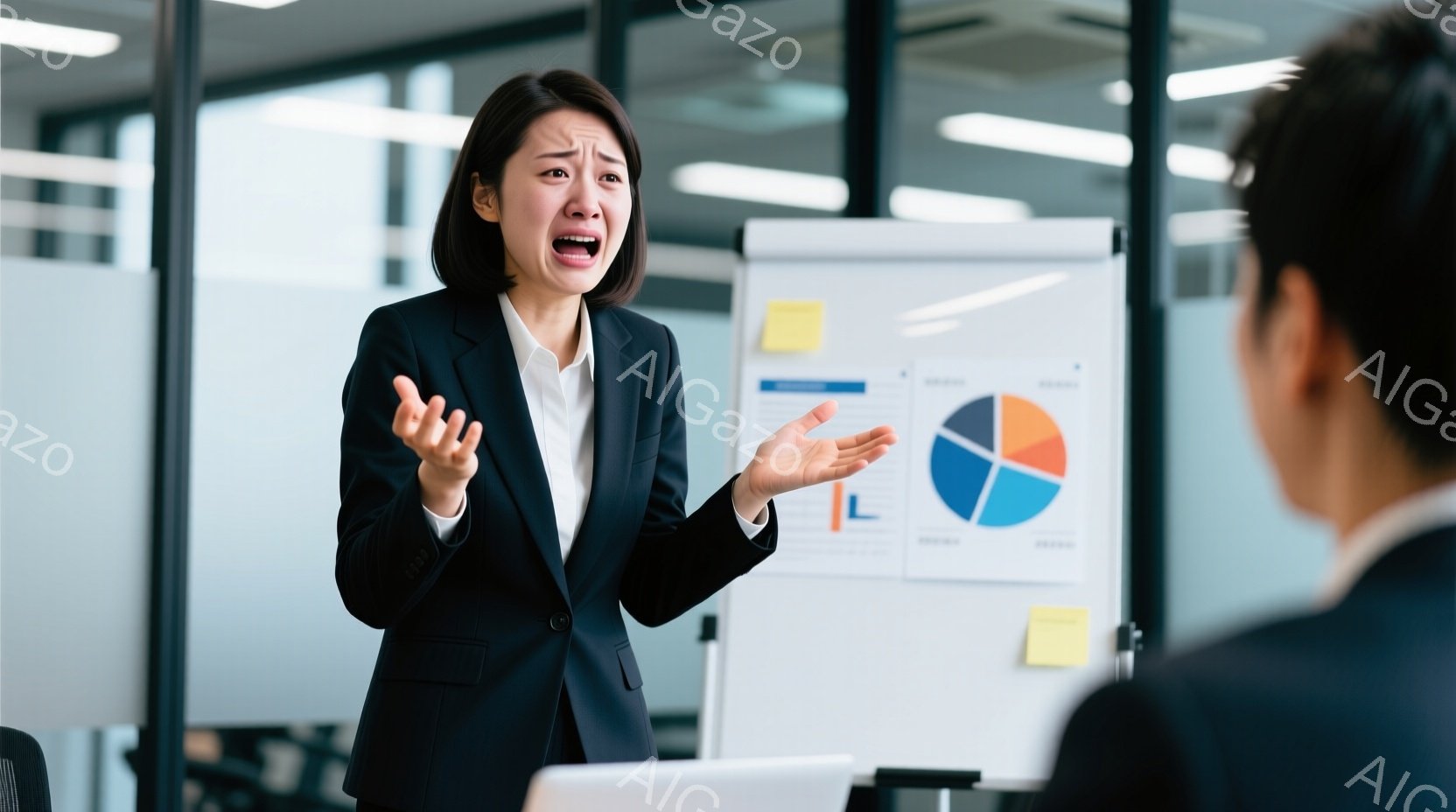紺色のスーツを着た女性が、両手を広げて困惑した表情で何かを訴えています。彼女の背後には白板があり、円グラフやメモが貼られています。室内はオフィスで、明るい照明とモダンな家具が特徴的で、緊迫感のある雰囲気が漂っています。
