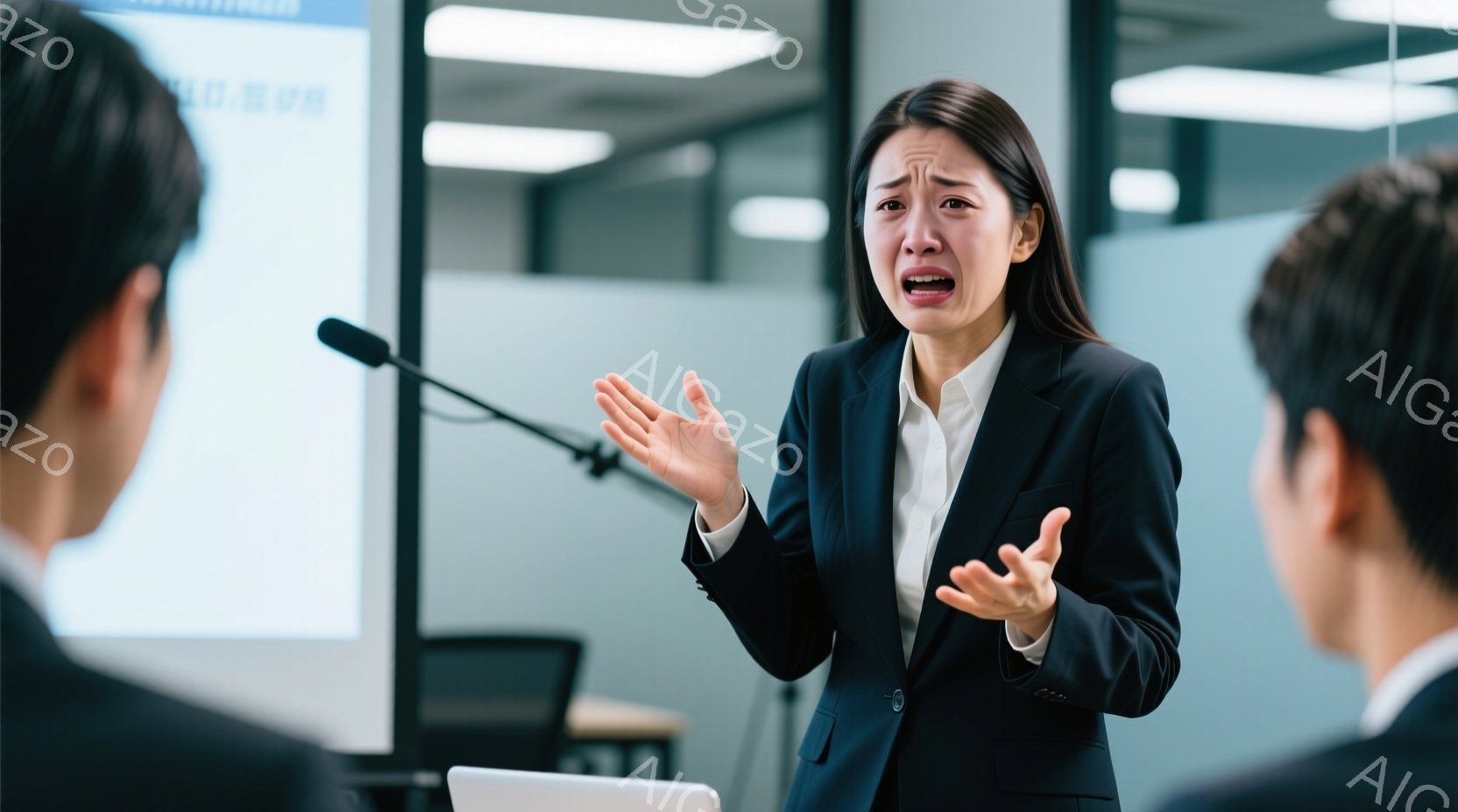 女性は黒いスーツに白いシャツを着て、プレゼンテーションをしている様子で、非常に感情的な表情をしています。彼女は両手を広げ、涙を浮かべながら何かを訴えかけているように見え、背景には聴衆と思われる男性たち - AI生成フリー素材