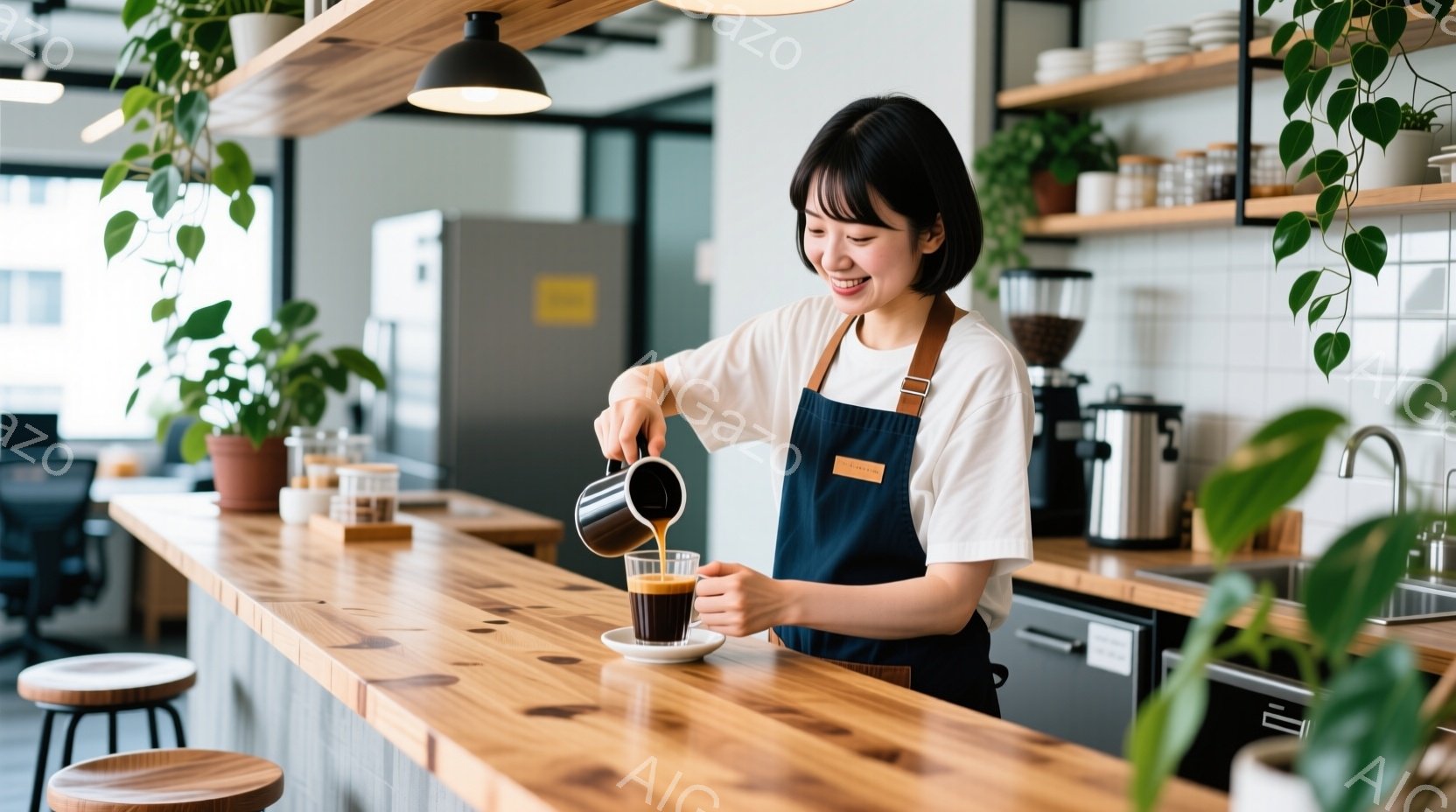 女性はエプロンと白いシャツを着ており、短めのダークブラウンのヘアスタイルで微笑んでいます。彼女はコーヒーをカップに注いでおり、集中しながらも穏やかな表情をしています。背景には木製のカウンター、コーヒー器具、観葉植物が見え、明るく清潔感のあるカフェの雰囲気です。