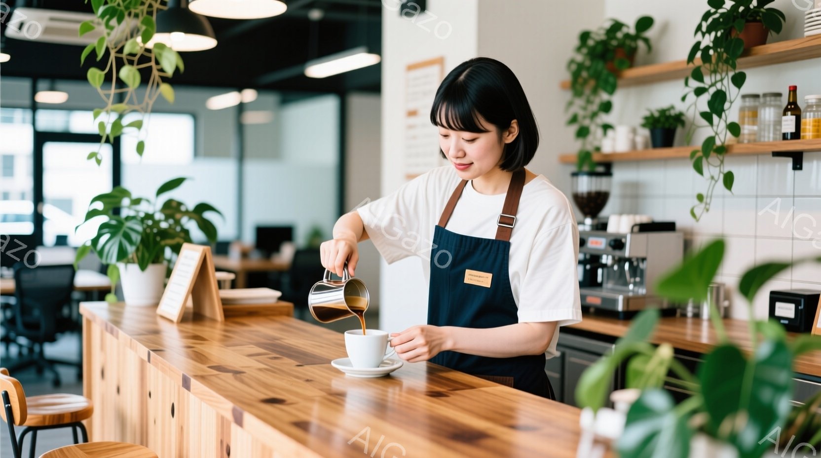エプロンを着た若い女性が、カップに何かを注いでいる様子が写っています。彼女は短い黒髪で、集中した表情で作業に取り組んでいます。背景には木製のカウンターと、植物が飾られた棚があり、カフェのような落ち着い - AI生成フリー素材