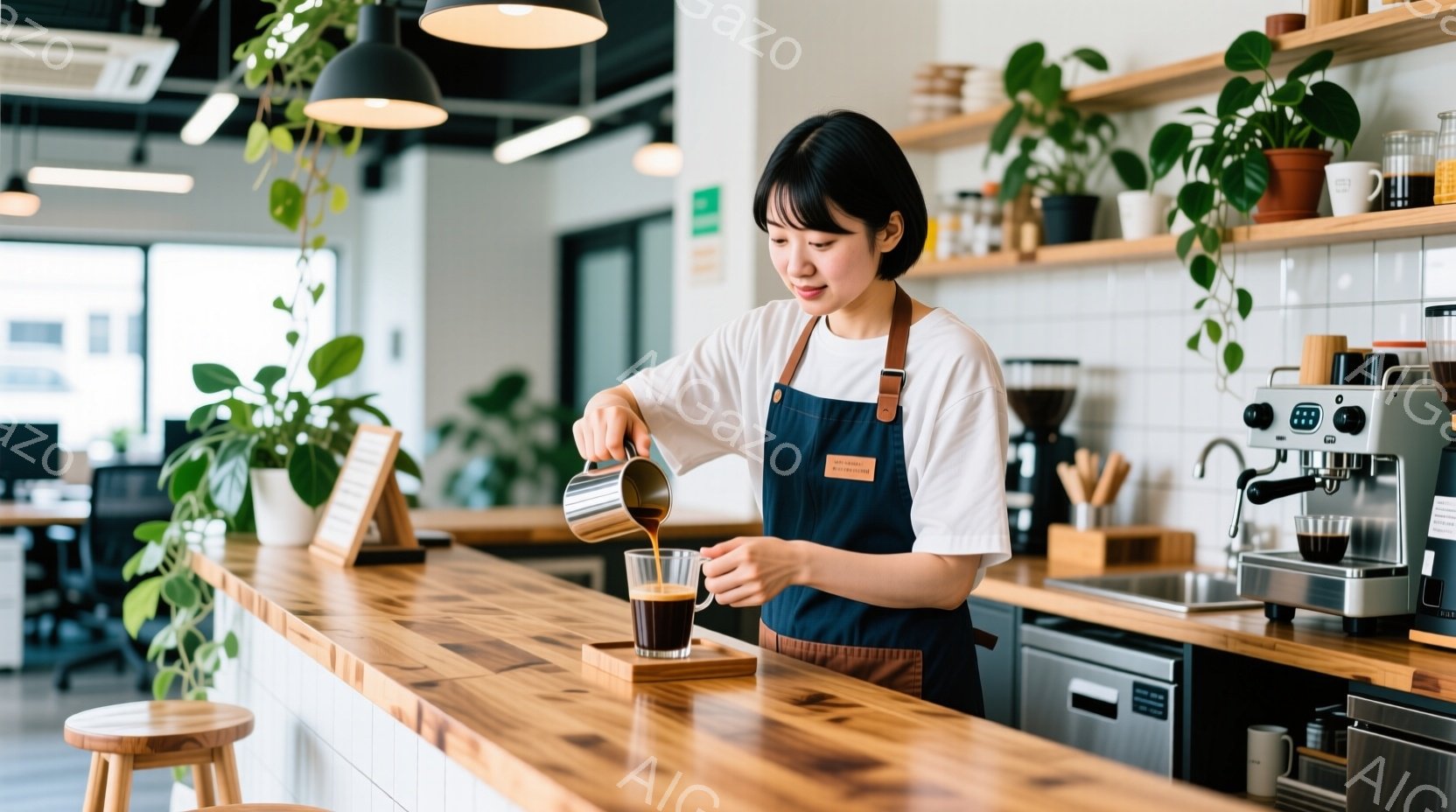 エプロン姿の女性がコーヒーをカップに注いでいる様子が写っている。彼女は短い黒髪で、穏やかな表情をしており、集中して作業に取り組んでいることがわかる。背景には、カフェのカウンター、植物、そしてぼやけた窓 - AI生成フリー素材