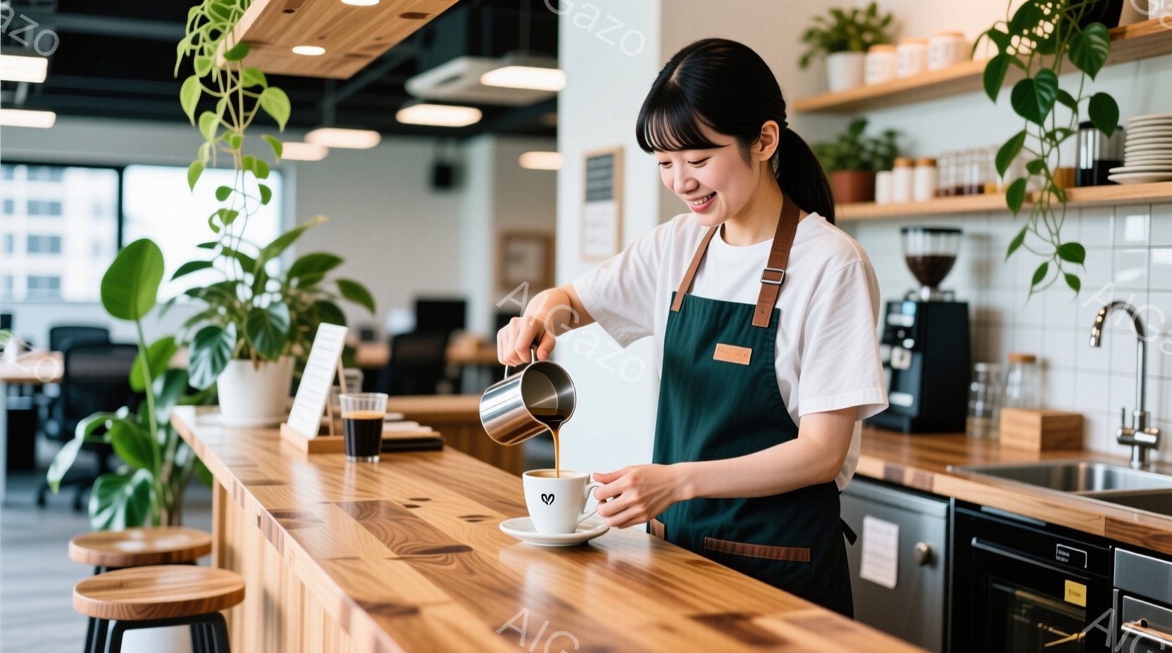 エプロン姿の女性が、白いカップにミルクを注いでいる様子が写っています。彼女は笑顔で、自然な笑顔と短い黒髪が印象的です。背景には木製のカウンターと観葉植物があり、明るく清潔感のあるカフェの内部であること - AI生成フリー素材