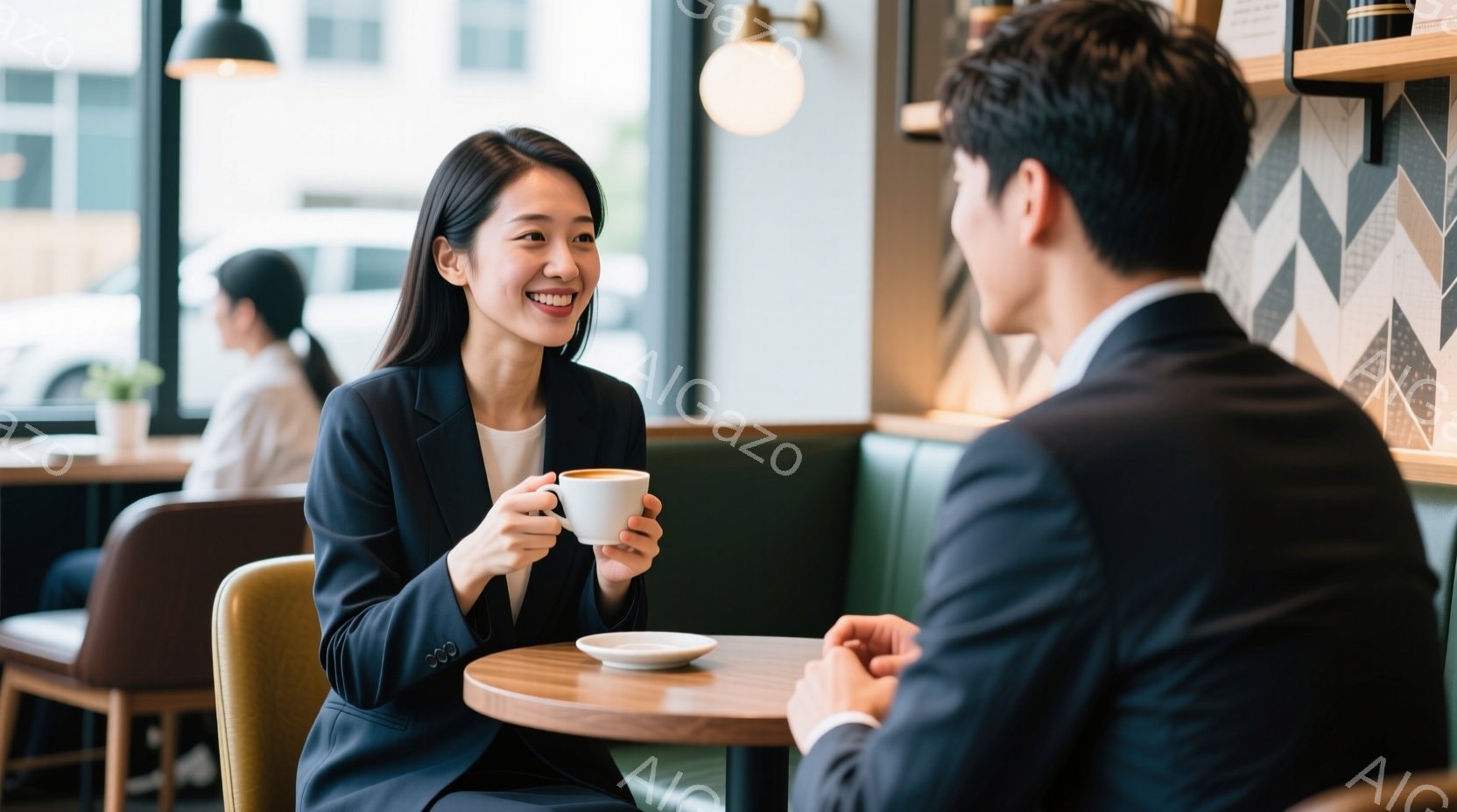 カフェで向かい合って座るビジネスウーマンとビジネスマンが写っています。女性は黒いスーツを着ており、笑顔でコーヒーカップを持っています。背景には、緑色のソファ席と、モダンなデザインの壁、そしてぼんやりと - AI生成フリー素材