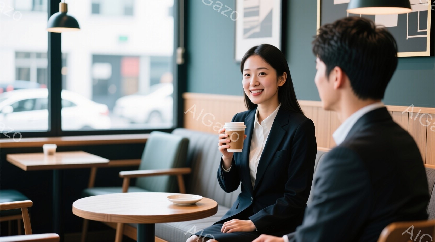 ビジネススーツを着た若い女性が、コーヒーカップを持って微笑んでいます。彼女は明るい表情で、対面している男性と会話を楽しんでいるようです。背景には、窓の外の建物が見え、カフェの落ち着いた雰囲気が漂ってい - AI生成フリー素材